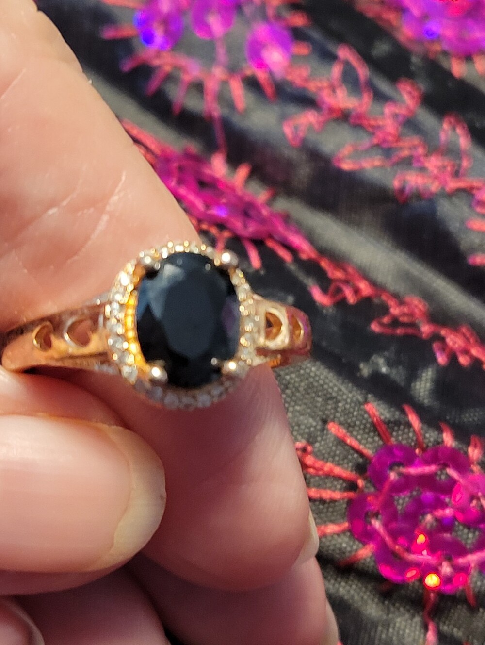 Gold-Tone Women’s Ring with Black Center Stone and Halo